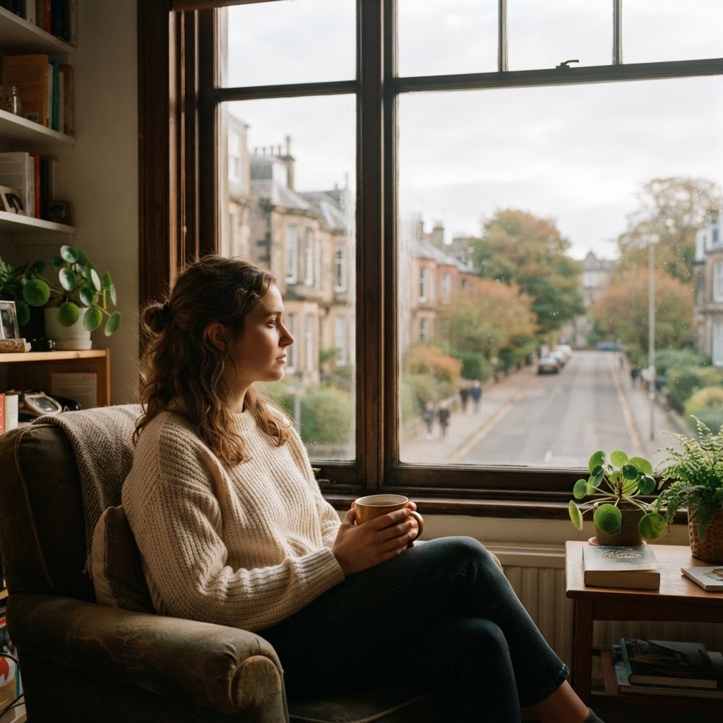 A person sitting by a window with a cup of tea, looking out at a peaceful new city