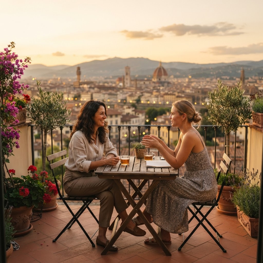 Two people in relaxed conversation on a sunlit balcony overlooking a city