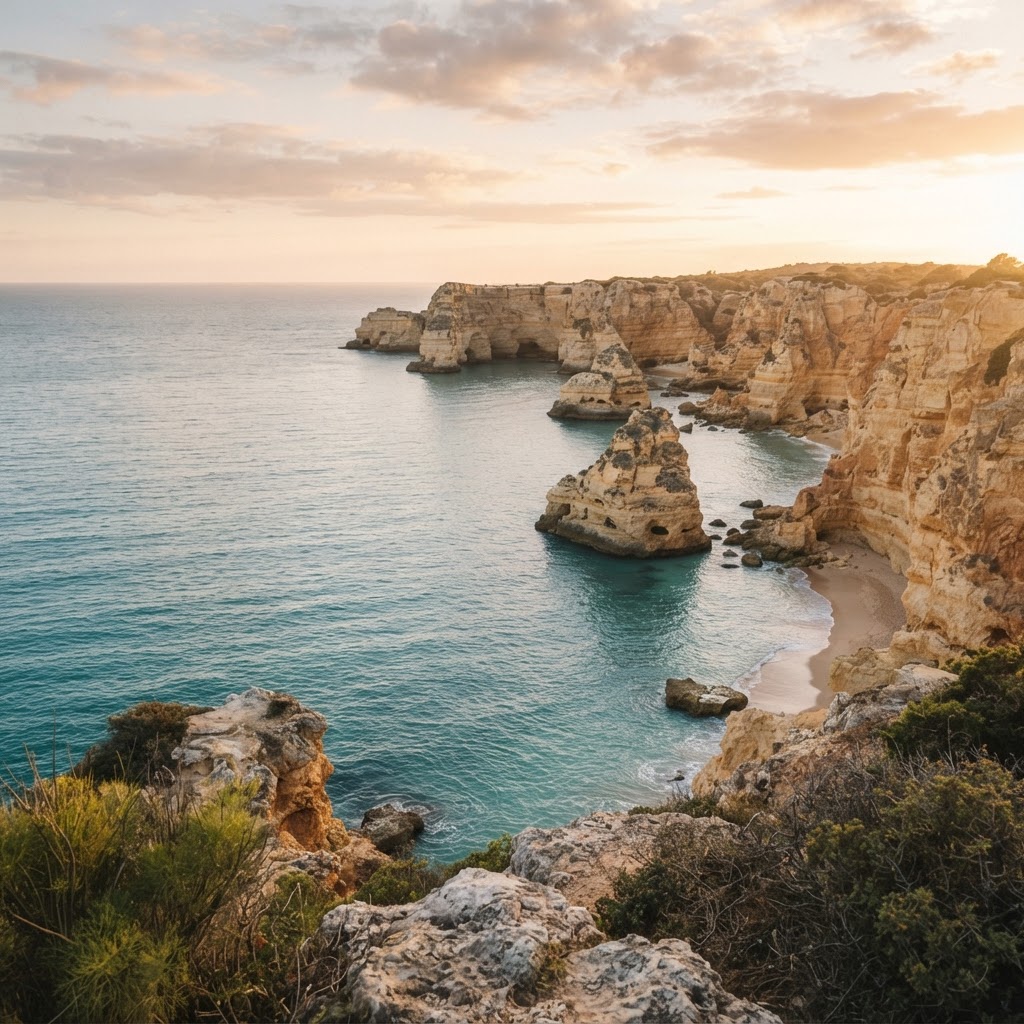 Coastal cliffs meeting a calm ocean at golden hour