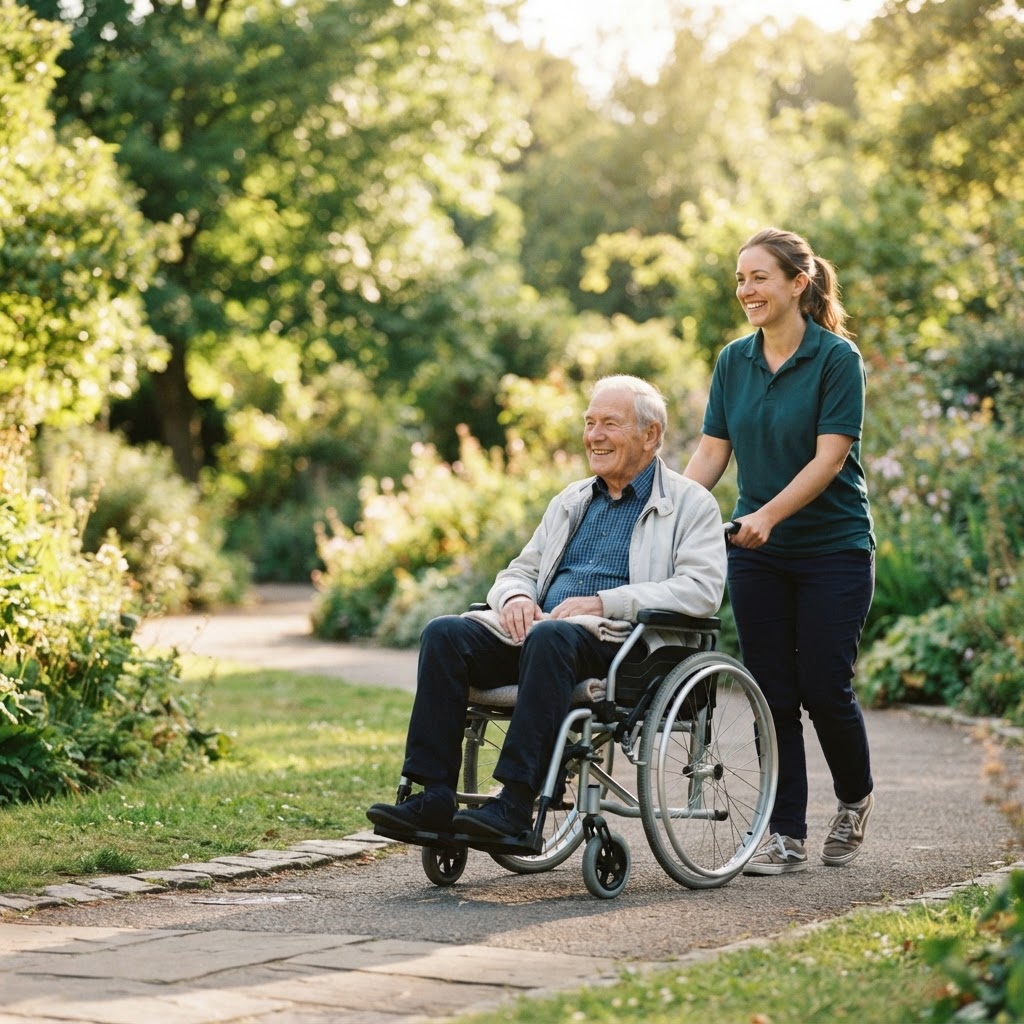 A support worker walking alongside a person in a wheelchair outdoors