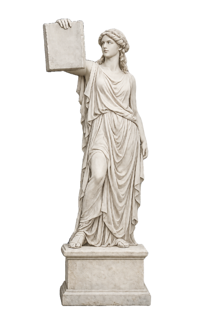 Classical statue holding a book aloft