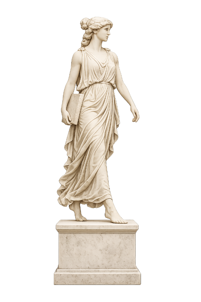 Classical statue walking with a stone tablet