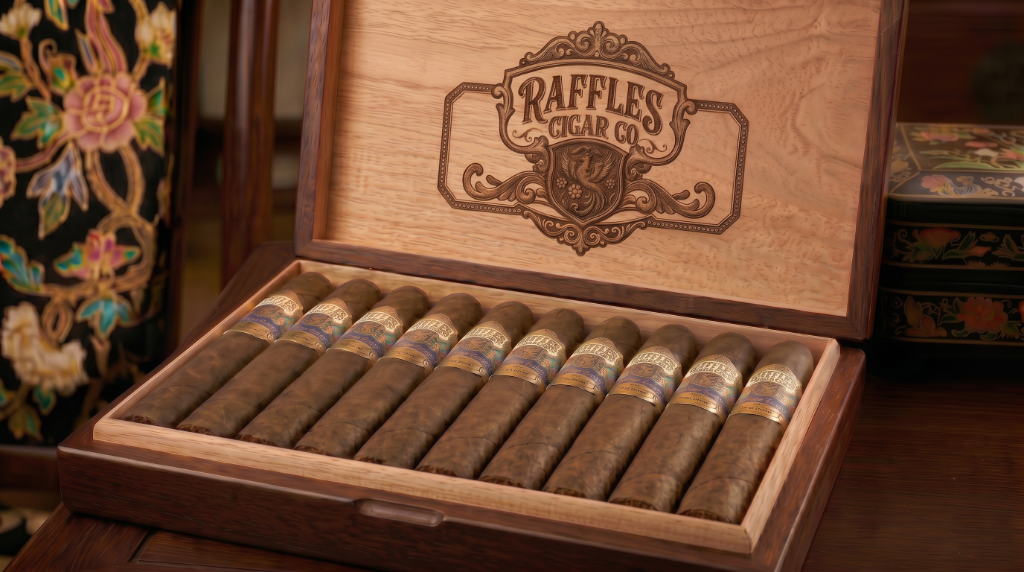 Open wooden box of 10 Raffles Cigar Co. Siglo VI cigars with logo engraved on the inner lid