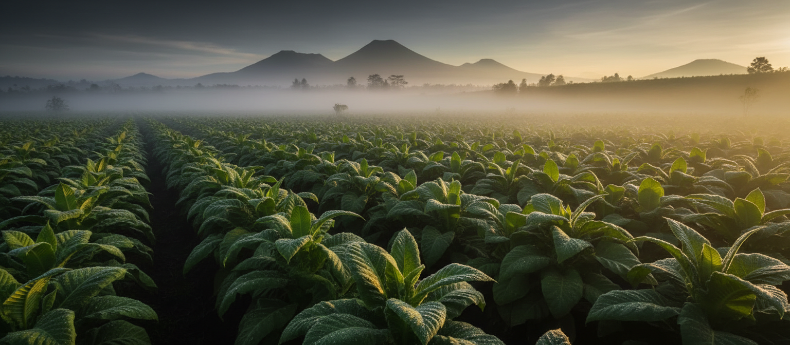 Javanese tobacco plantation at sunrise with volcanic peaks in the distance
