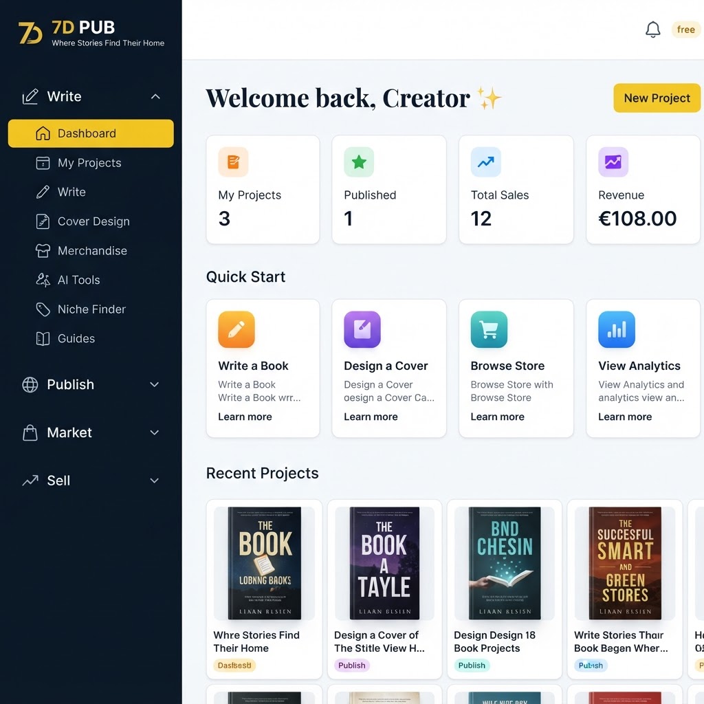 7D PUB dashboard — write, design, publish, and sell your books