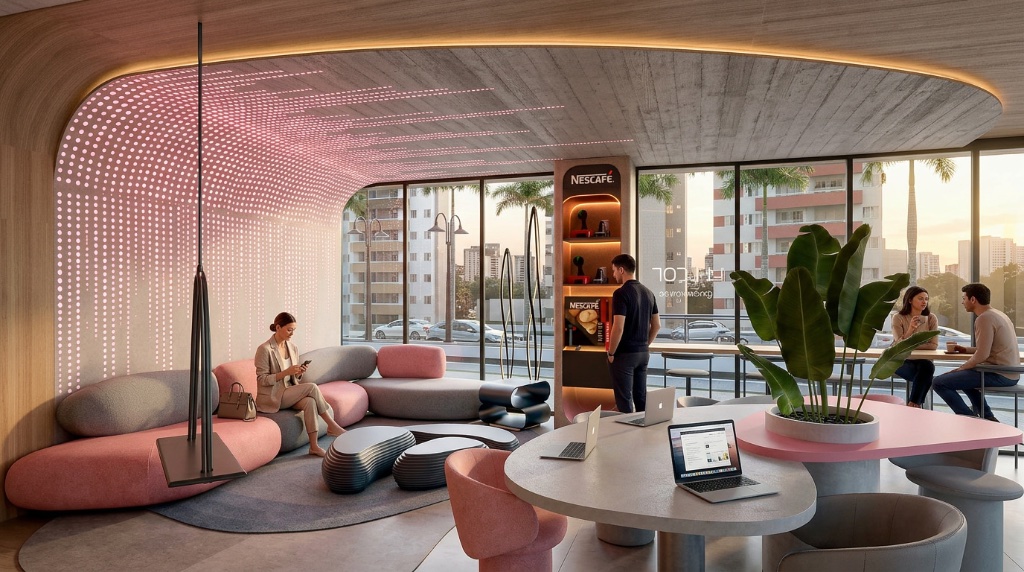 Espaço de coworking do Compass 109 com sofá curvo, cafeteria Nescafé e vista da cidade
