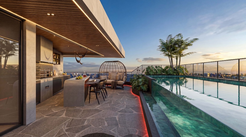 Sky Bar com piscina infinity, churrasqueira e área gourmet ao pôr do sol