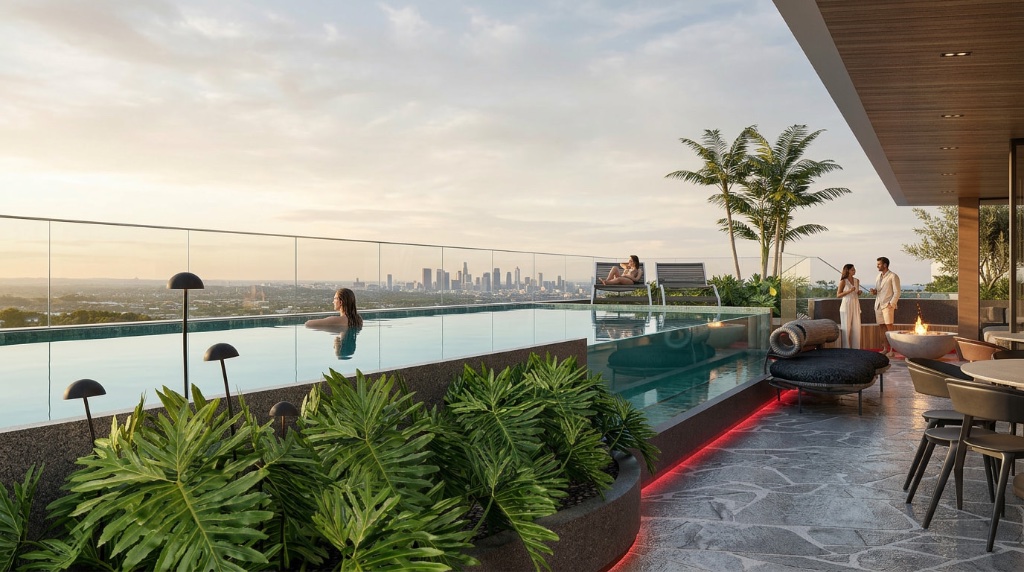 Piscina infinity do rooftop com fire pit, lounge e vista da cidade ao pôr do sol
