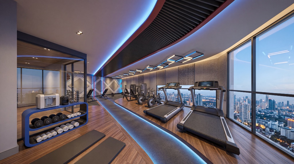 Academia fitness do Compass 109 com equipamentos modernos e vista panorâmica da cidade