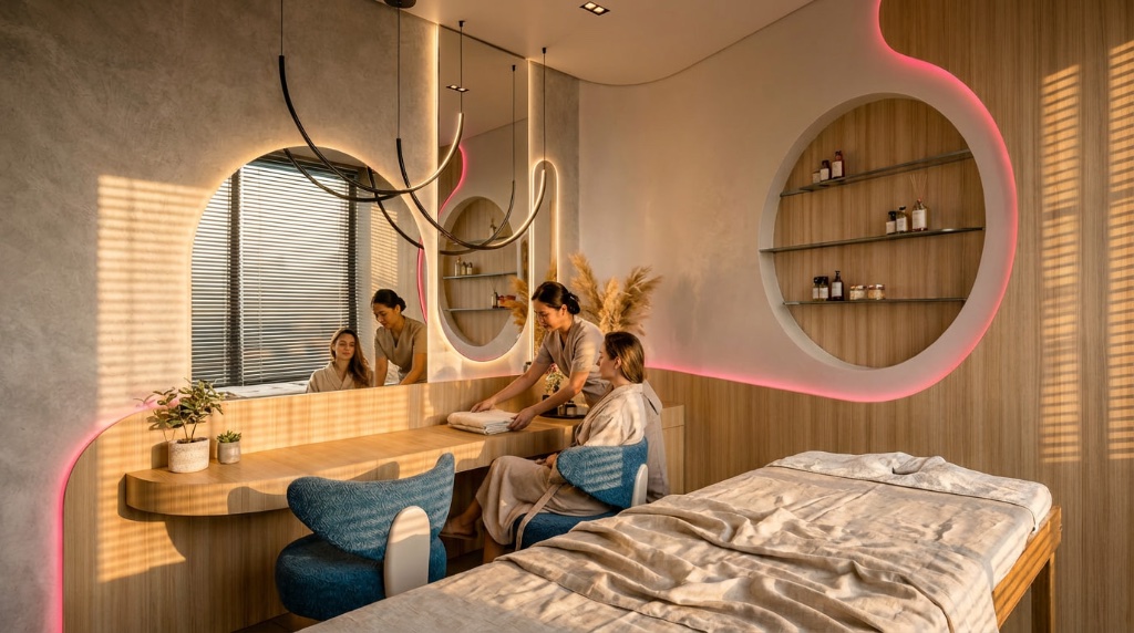 SPA do Compass 109 com maca de massagem, iluminação rosa e nicho embutido