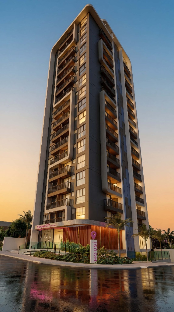 Fachada do Compass 109 by Housi — torre completa ao entardecer em Londrina