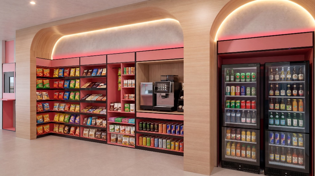 Mini mercado do Compass 109 com prateleiras completas e geladeiras de bebidas
