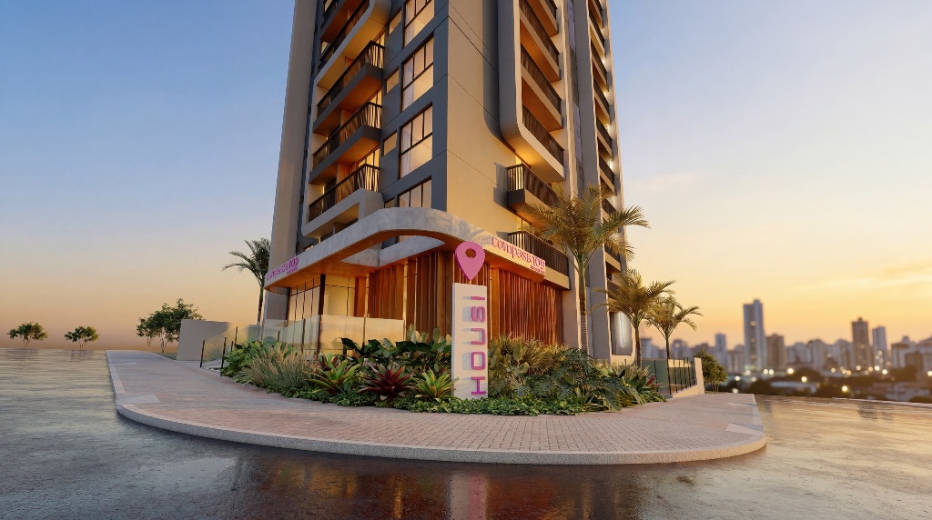 Fachada do Compass 109 by Housi — entrada principal com totem Housi ao entardecer