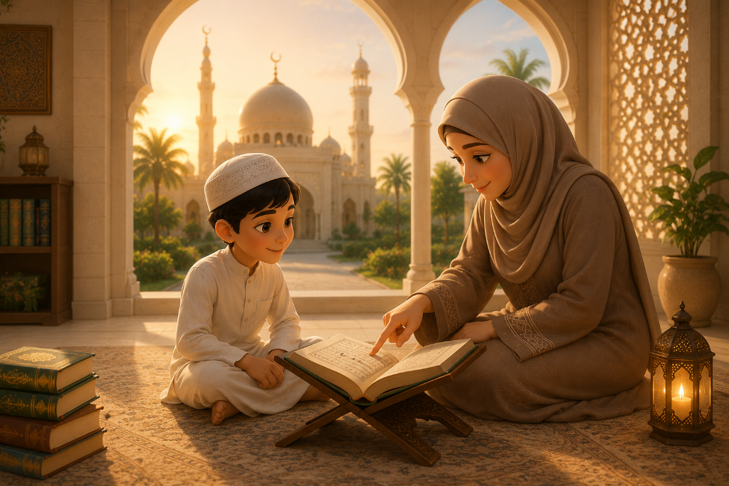 Mutter unterrichtet ihr Kind im Quran in einer warmen islamischen Lernumgebung