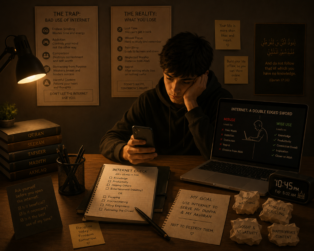 Schüler mit Telefon neben islamischen Büchern