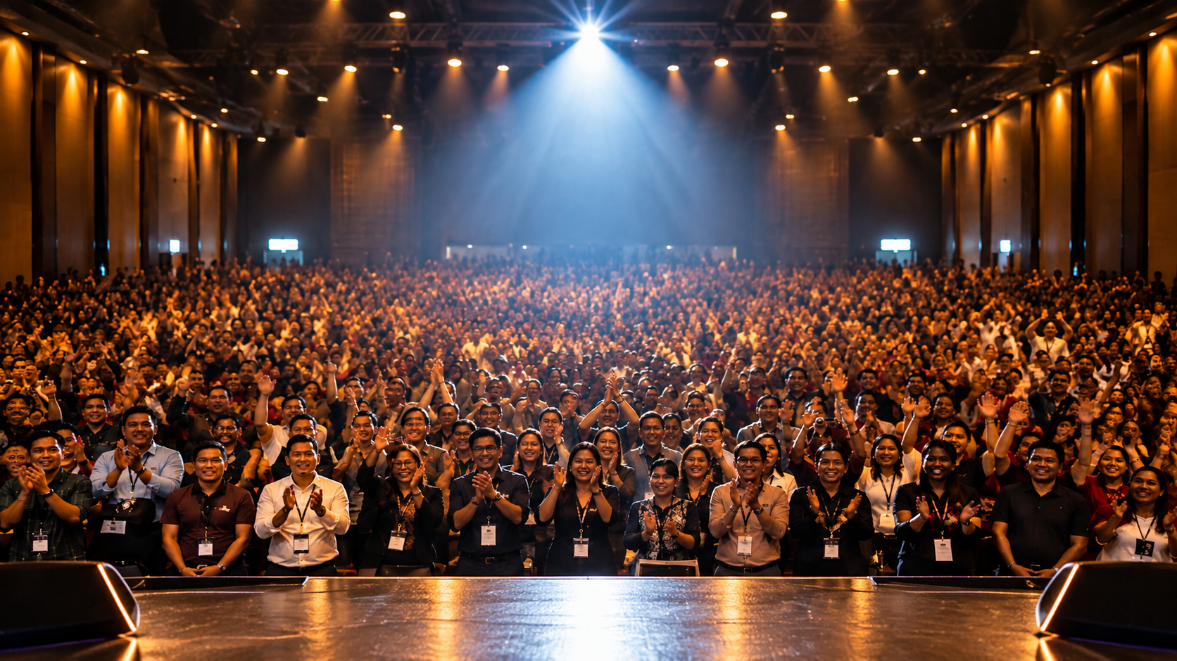 Audience in a large auditorium under stage lights