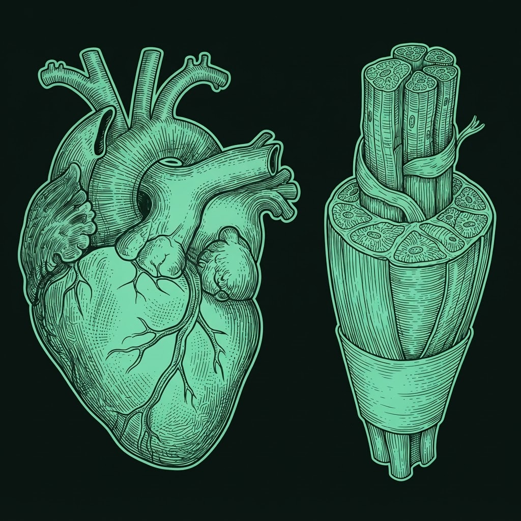 Illustration of a heart and muscle fibres, 20% shown red · mild (illustrative)