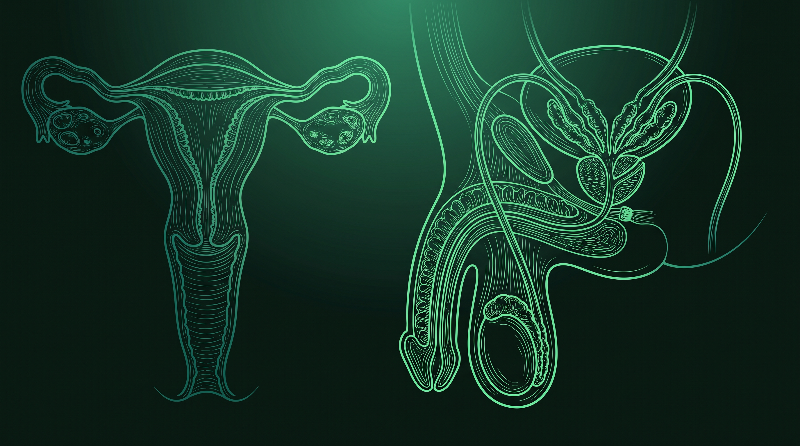 Detailed anatomical illustration of the female and male reproductive organs, 20% shown red · mild (illustrative)