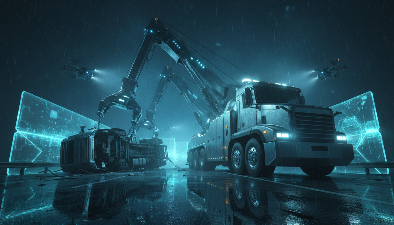 Dramatic heavy-duty recovery operation at night with futuristic tow truck