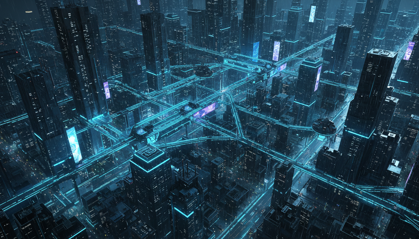 Futuristic glowing cityscape at night with neon mobility network