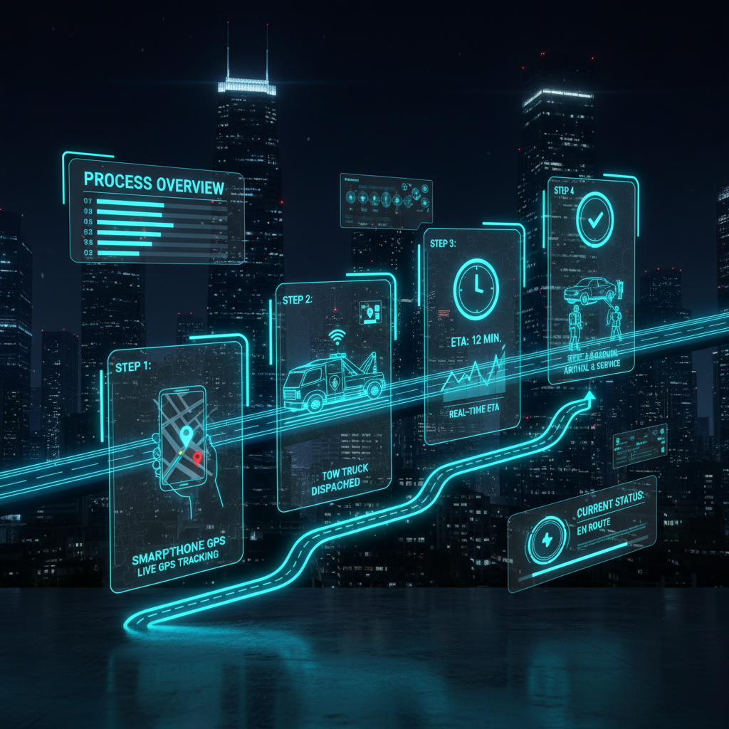 Futuristic step by step roadside assistance process visualization