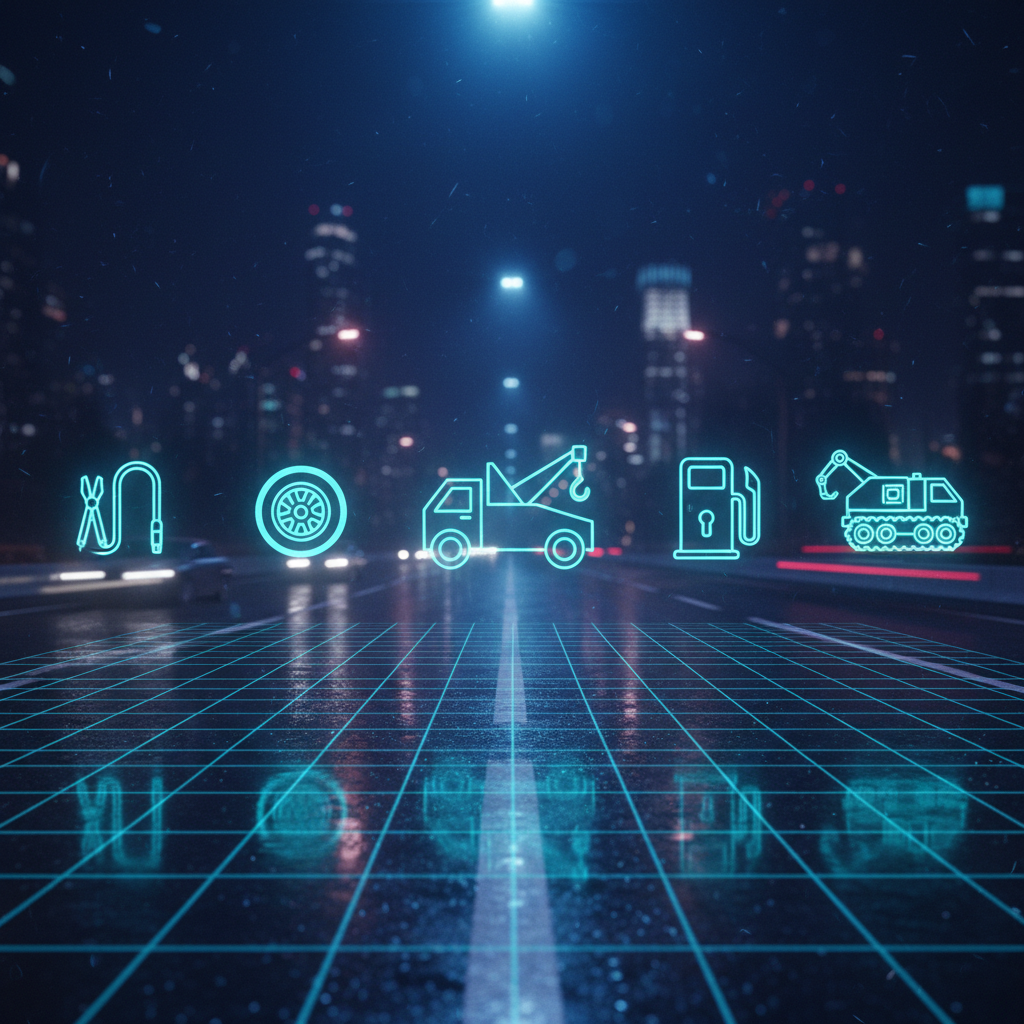 Futuristic roadside service icons holographic display