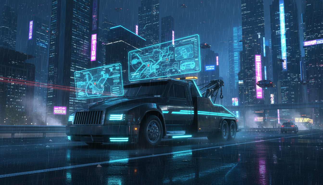 Futuristic roadside assistance scene at night with holographic dispatch systems