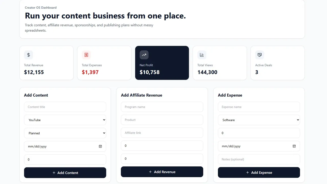 Creator OS Dashboard template preview