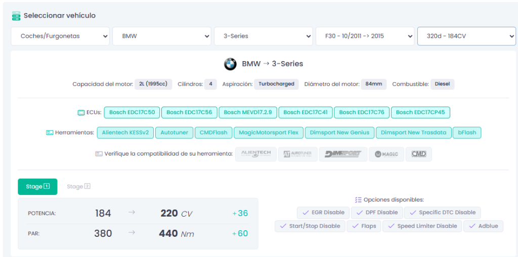 Selector de vehículo en el portal
