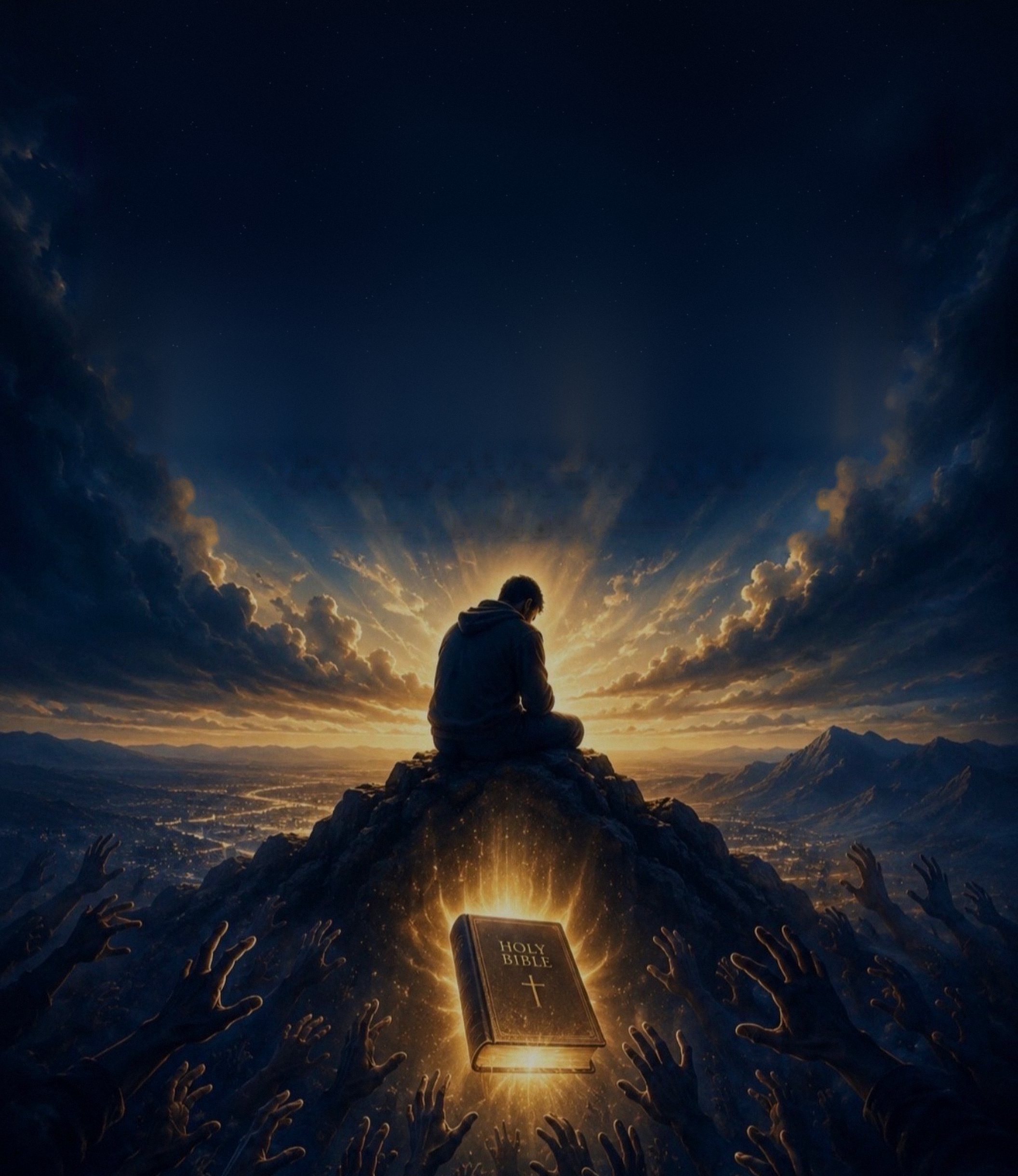 A figure kneels in prayer on a mountain peak at sunrise, above a glowing Holy Bible