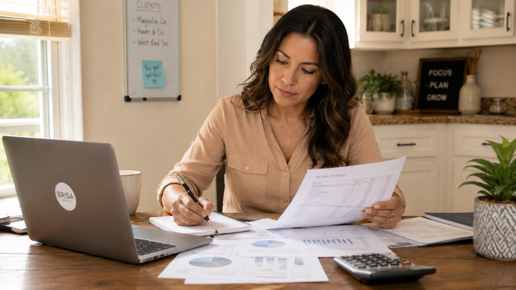 Self-employed woman reviewing income statement