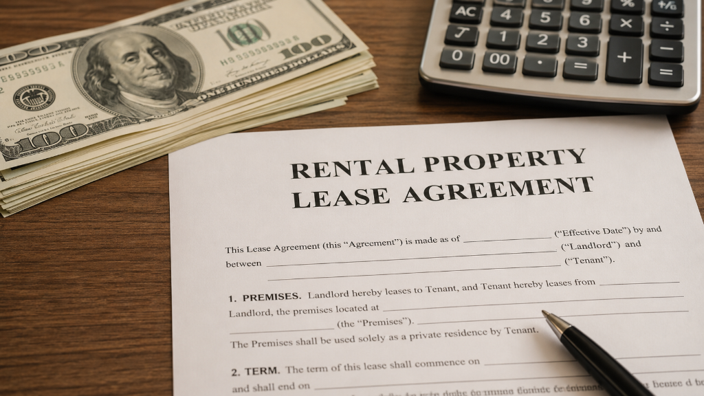 Rental lease agreement with cash and calculator