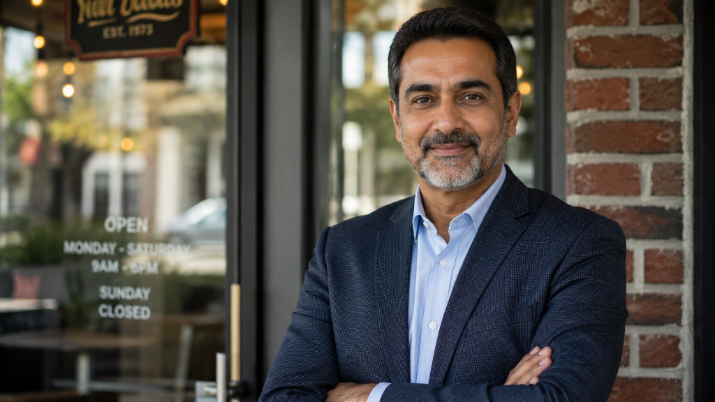 Business owner outside restaurant