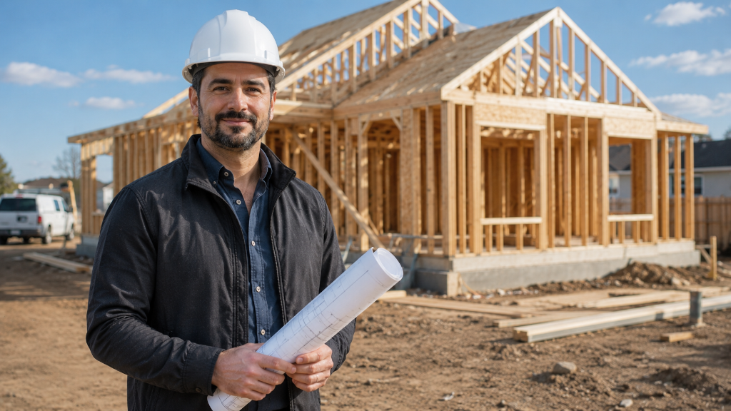 Builder with blueprints at framed house