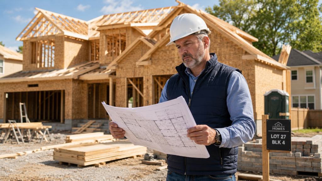 Builder reviewing blueprints at construction site