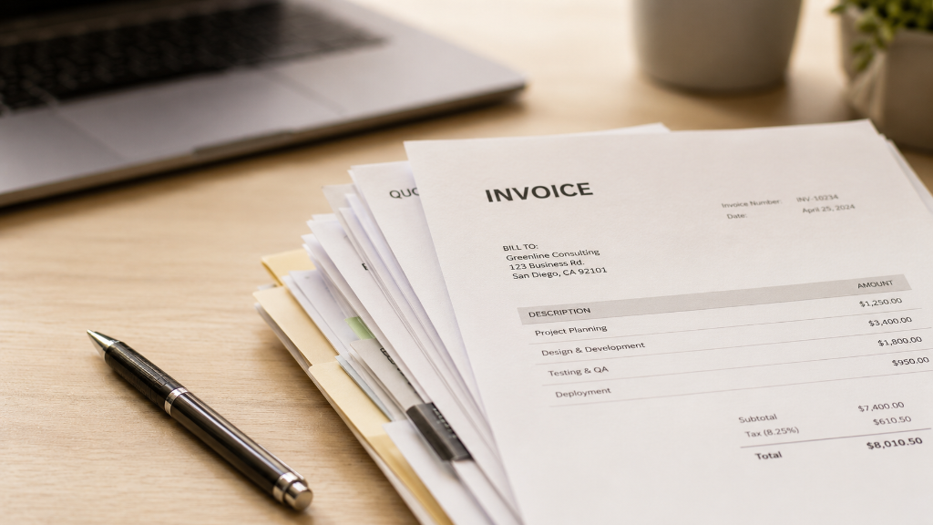 Stack of invoices on desk