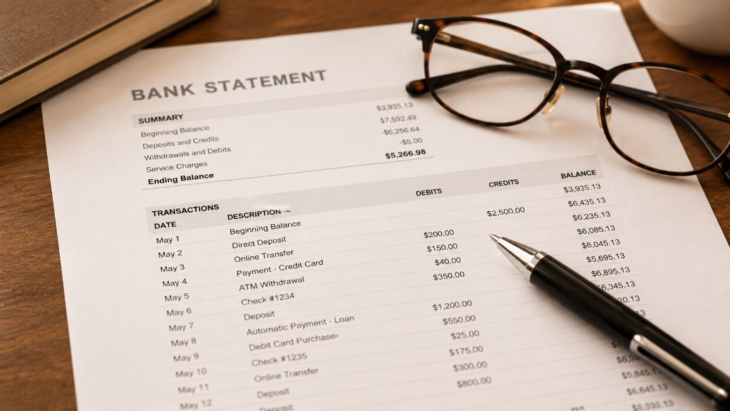 Bank statement with glasses and pen