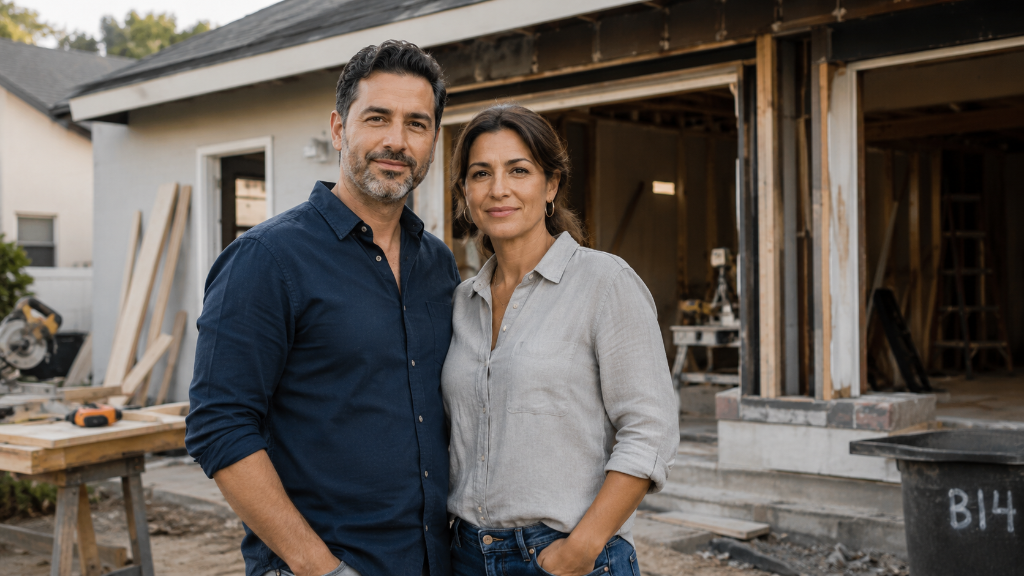 Couple in front of home renovation