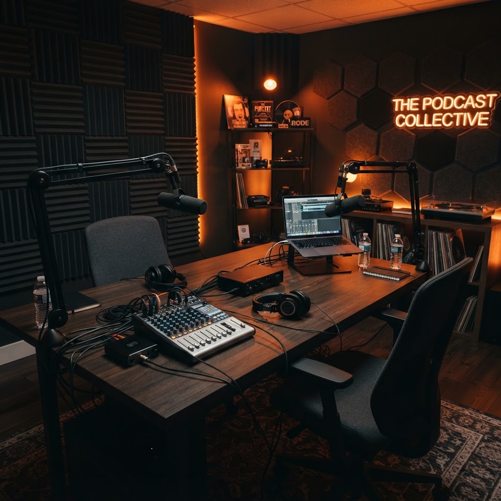 Professional podcast recording setup with camera and audio