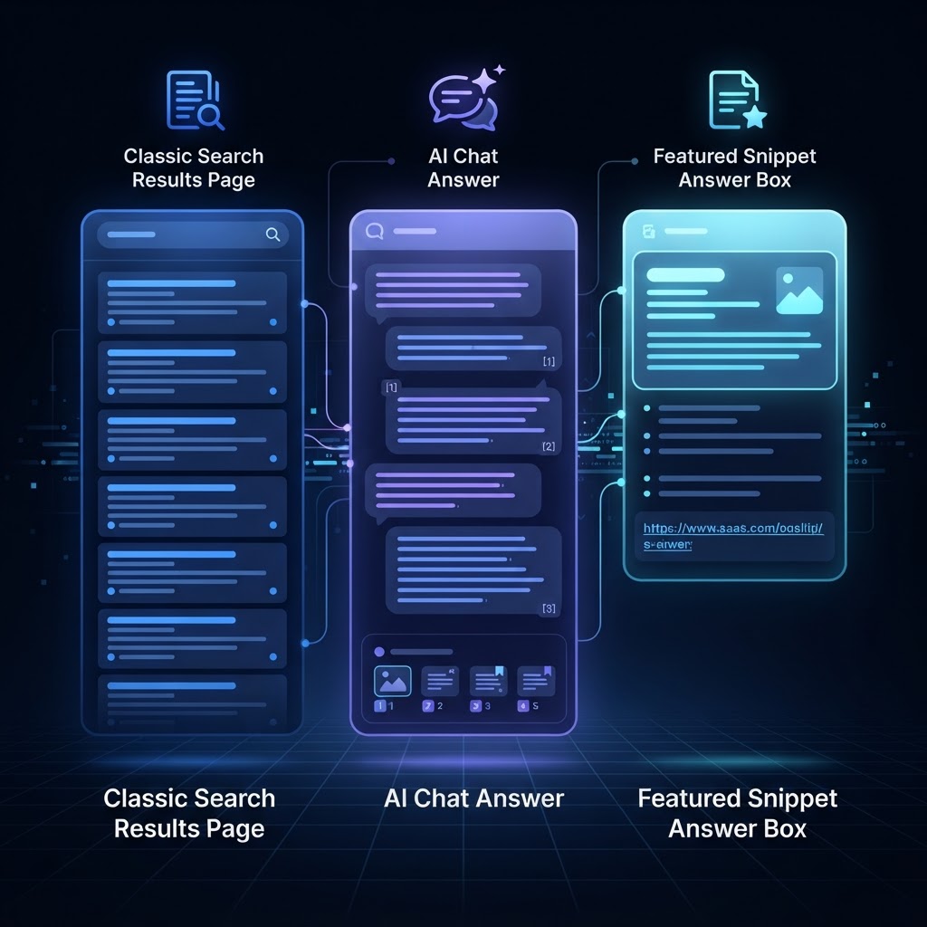 Conceptual comparison of SEO, GEO and AEO search surfaces