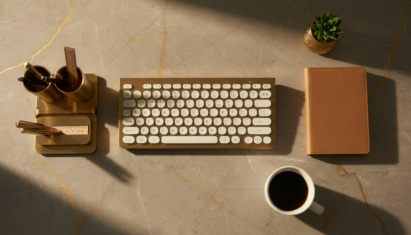 Premium organized workspace with brass accessories