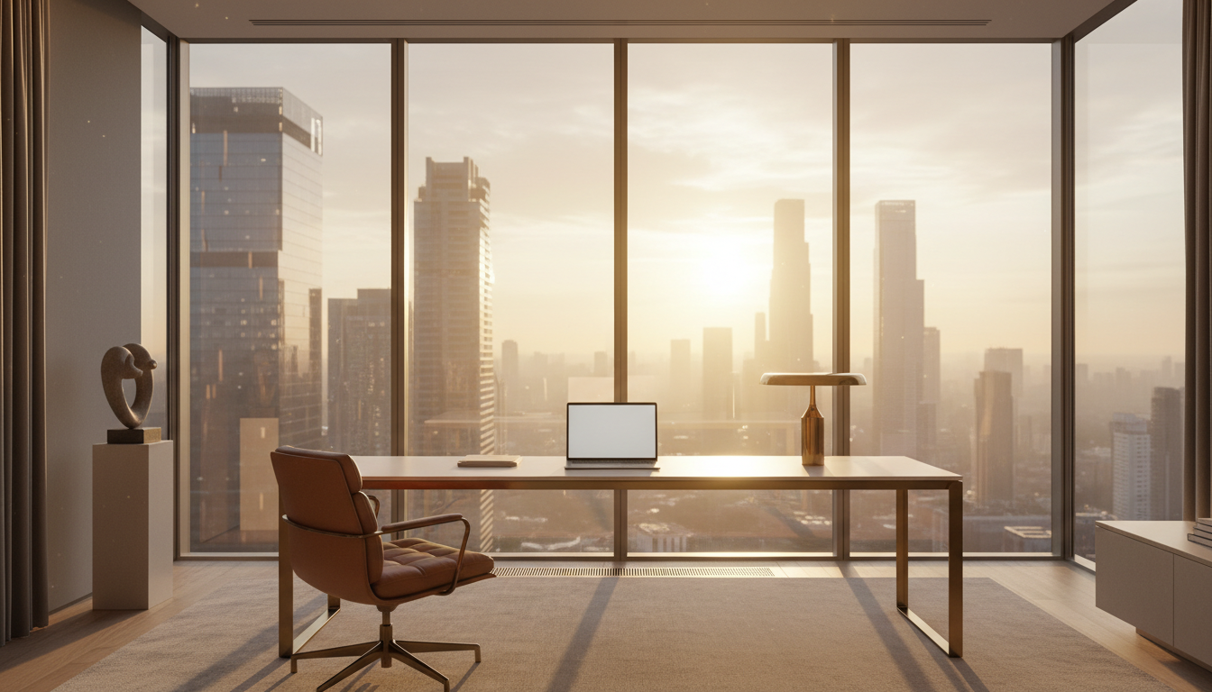 Premium home office overlooking a modern city skyline at dawn