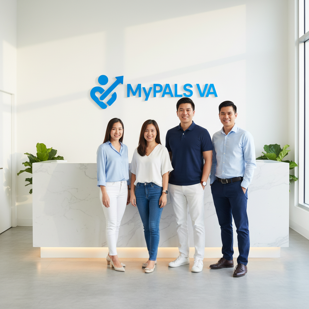 4 Asian professionals in blue and white attire at MyPALS VA front desk office