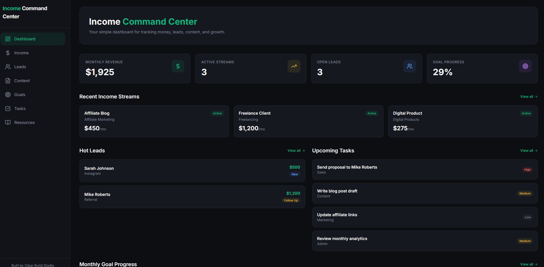 Income Command Center template preview