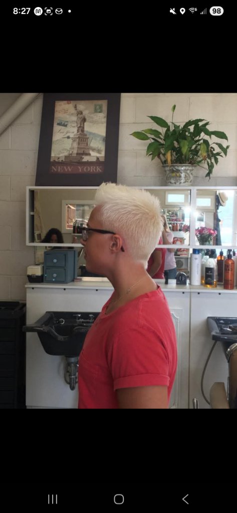 Platinum blonde short crop side profile