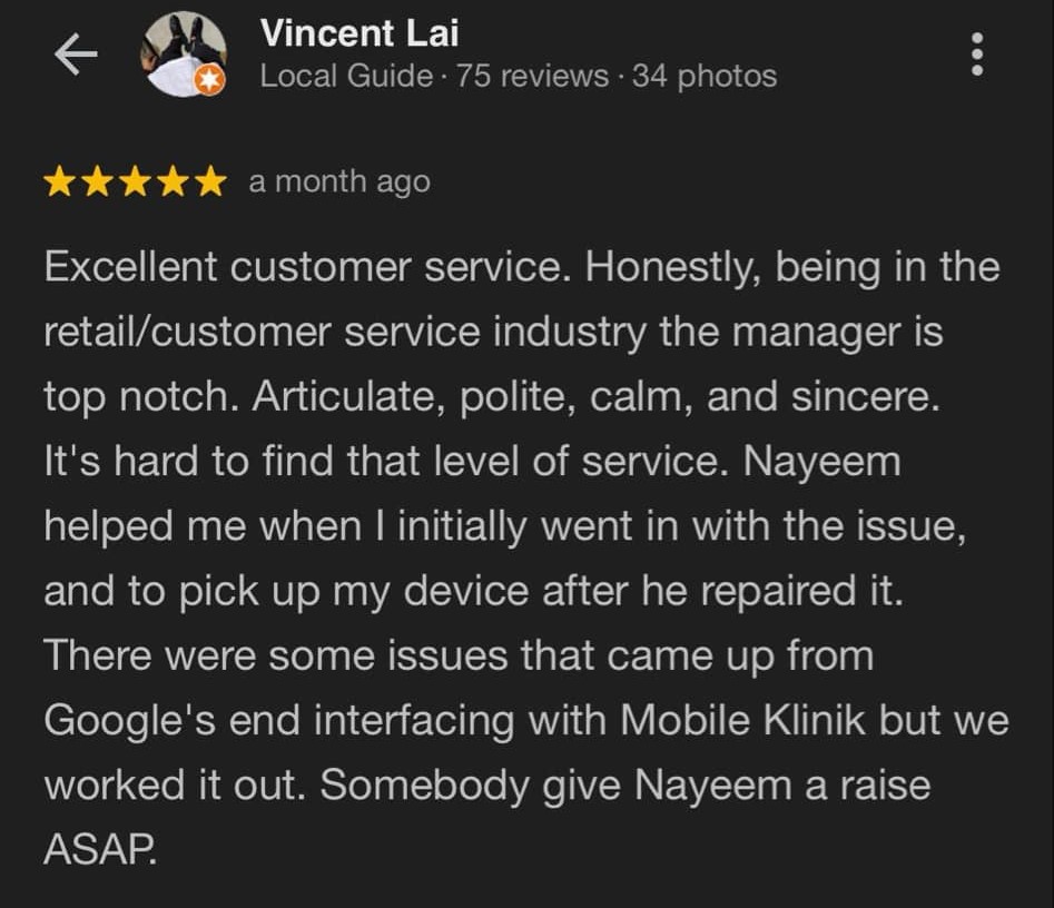 Vincent Lai Google Review