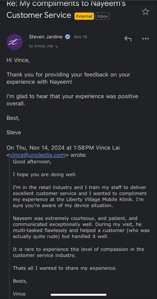 Email compliment from District Manager about Nayeem