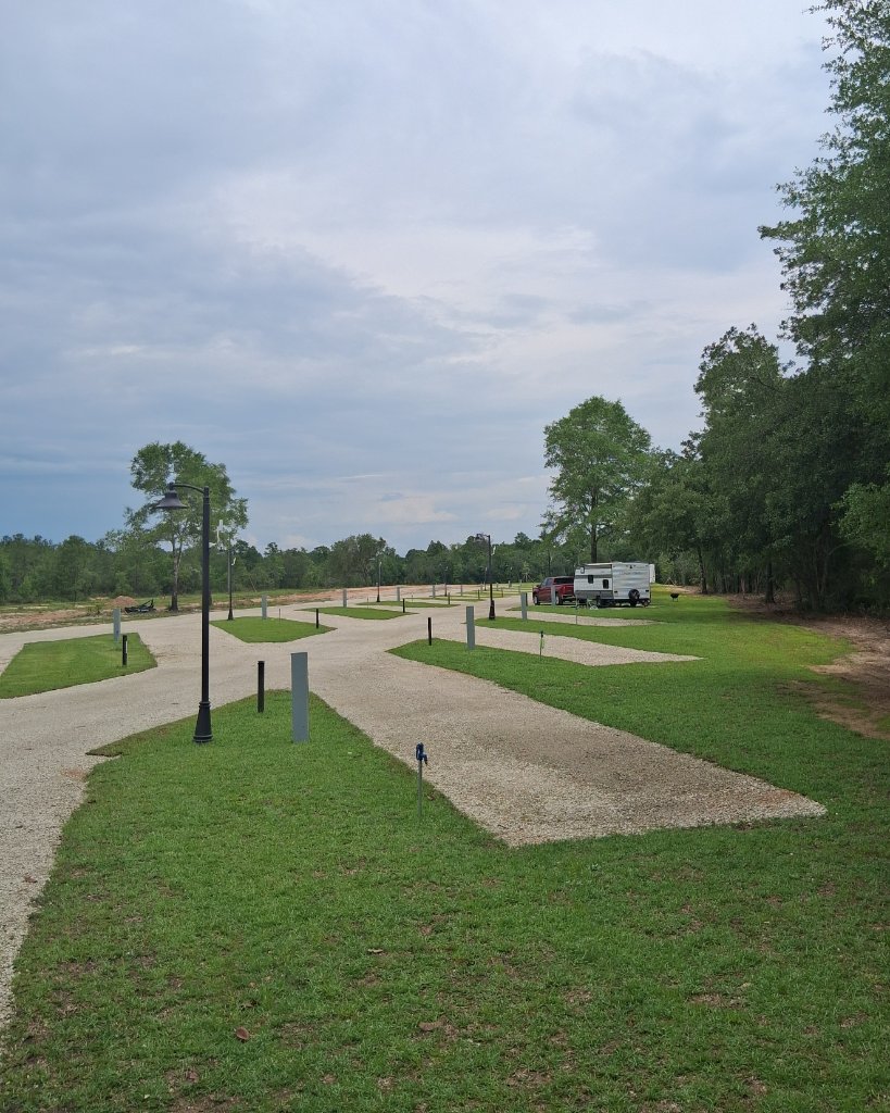 Blue Heaven RV Park grounds with oak and pine trees