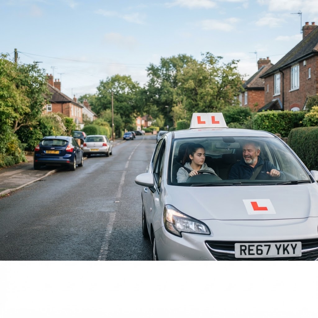 Learner driver having a lesson with an instructor on a UK road