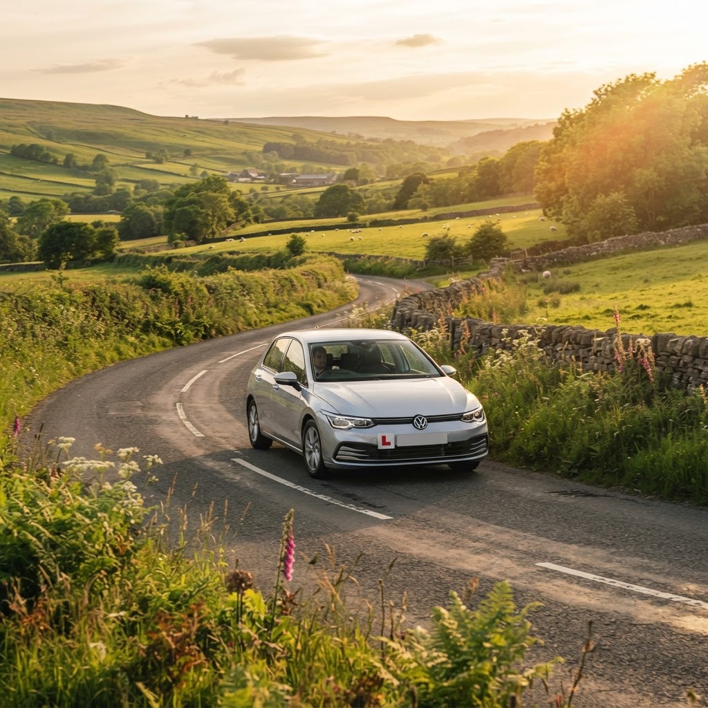 Car with an L-plate driving on a scenic British road